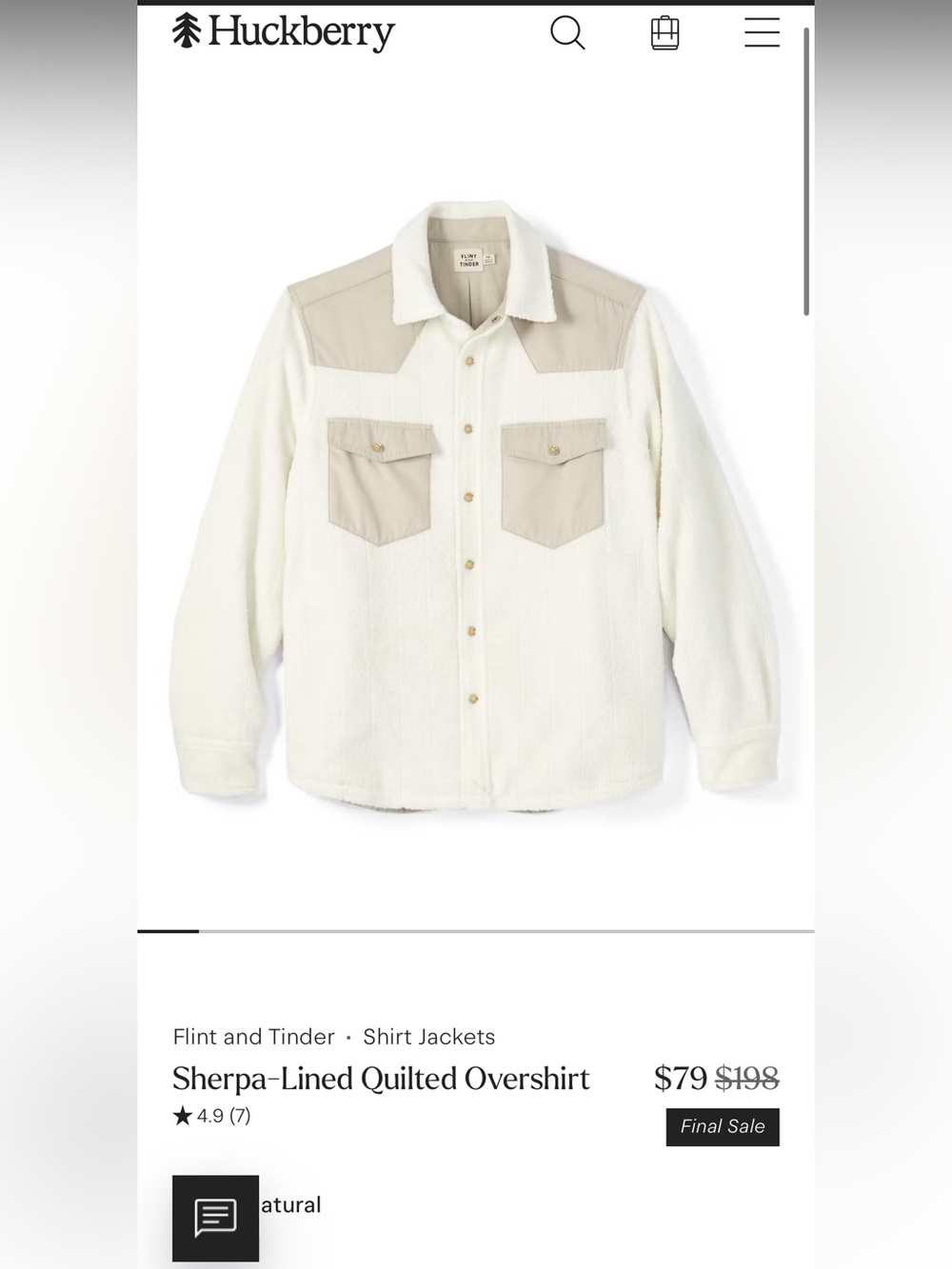 Flint and Tinder Sherpa-Lined Quilted Overshirt (Color: Natural) MED